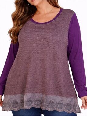 NWT Suzanne Betro purple long sleeve lace trim crew neck SZ 1X MSRP $75